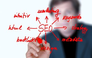 SEO concept image - out of focus person writing out SEO plan diagram