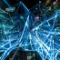 AI concept image - interconnected and refracted lines of light superimposed over urban background at night