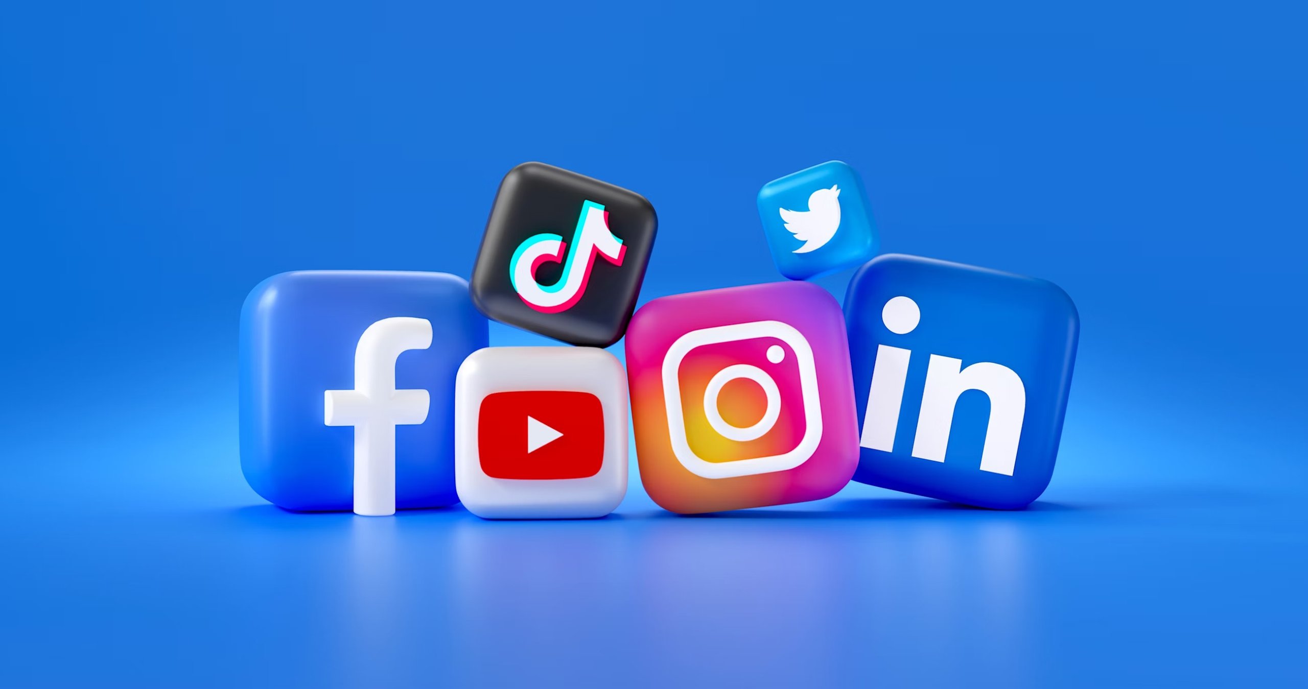 social media platforms–Facebook, Youtube, TikTok, X, Instagram and LinkedIn–icons against blue background