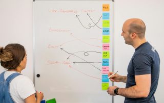 colleagues sketching out social media and lead generation strategy